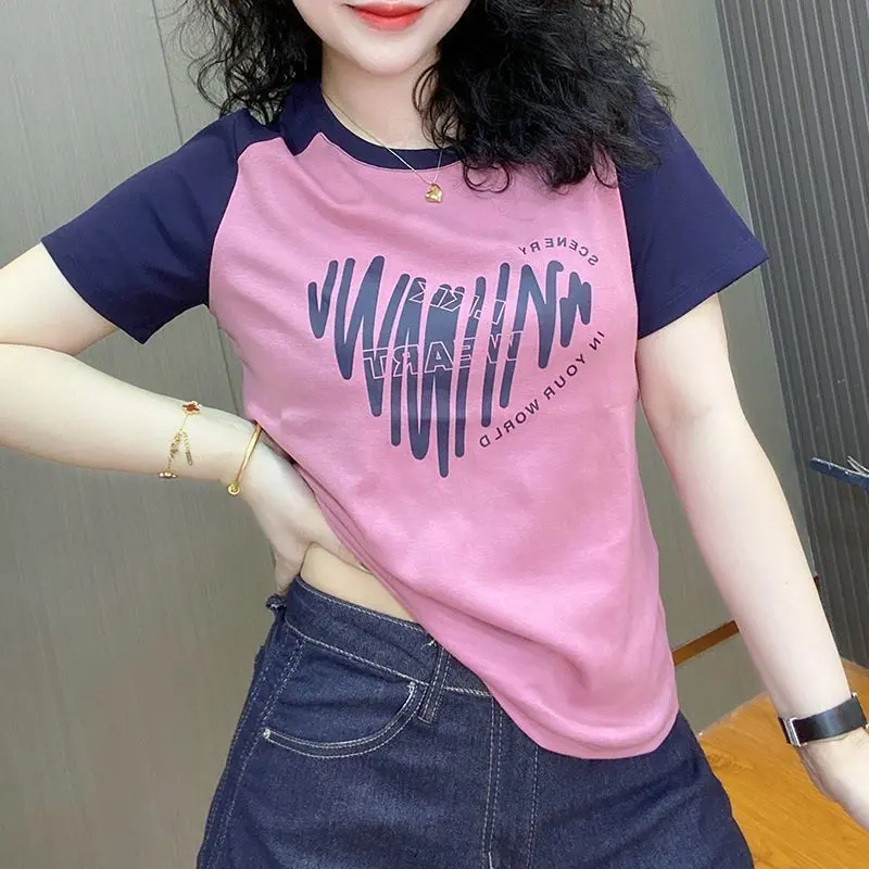 Áo Thun Ngắn Tay, Hàng Mới Về Mùa Hè, Dành Cho Nữ, Chất Liệu Cotton, Cổ Tròn, Thiết Kế Colorblock Thời Trang, Dáng Ôm Và Dáng Rộng Vừa Vặn, Áo Trên