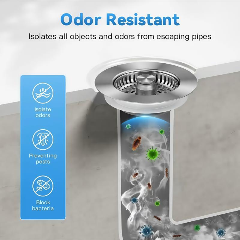 3 in 1 Kitchen Sink Drain Strainer, Stainless Steel Sink Stopper, Anti-clogging Sink Food Catcher Basket, Fast Drainage Odor Filter Sink Plug for US Standard 3 1/2 Inch Drain, Drain Cover 8