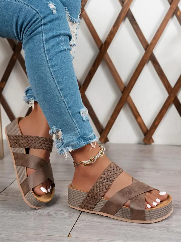 Women's Fashionable Plain Color Wide Band Platform Sandals, Casual Versatile Crossed Straps Sandals for Summer, Lightweight Breathable Comfortable Barefoot Shoes for Daily Wear, Girl 0