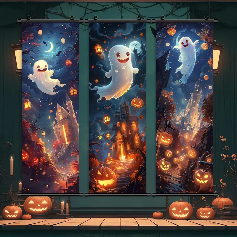 Halloween Hanging Banner, 3 Counts/set Cartoon Ghost Pattern Wall Art with Gift Box, Cute & Funny Ghost Poster, Halloween Decoration, Halloween Gift 0