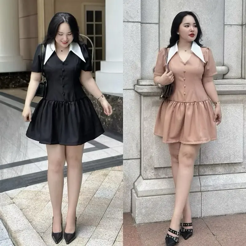 Đầm Nữ Bigsize Dự Tiệc Thiết Kế Sang Chảnh Đính Nút Bọc. Váy Phối Cổ Bẻ Kèm Quần Đùi ( Bigsize :45-90kg) Cotton 3
