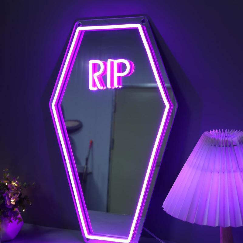Rip Design Neon Light, 1 Count USB Powered LED Home Party Decoration Night Light, Gothic Coffin Shaped Neon Mirror for Bedroom Cloakroom Dressing Room Bar Club 3