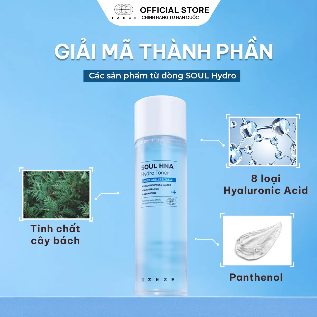 [IZEZE] Toner SOUL HNA Hydro 150ml (Chiết xuất nước cây Bách cấp ẩm, dễ thẩm thấu, trắng da)