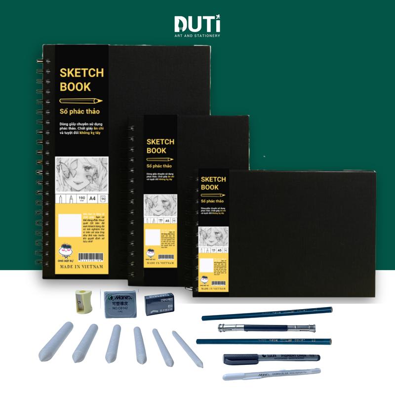 Combo Vẽ Phác Thảo, Sổ Không Kị Tẩy Ong Mặt Bự, Sổ Bìa Đen, Chuyên Vẽ Chì, A4/A5 172/190GSM - Hoạ Cụ DUTi