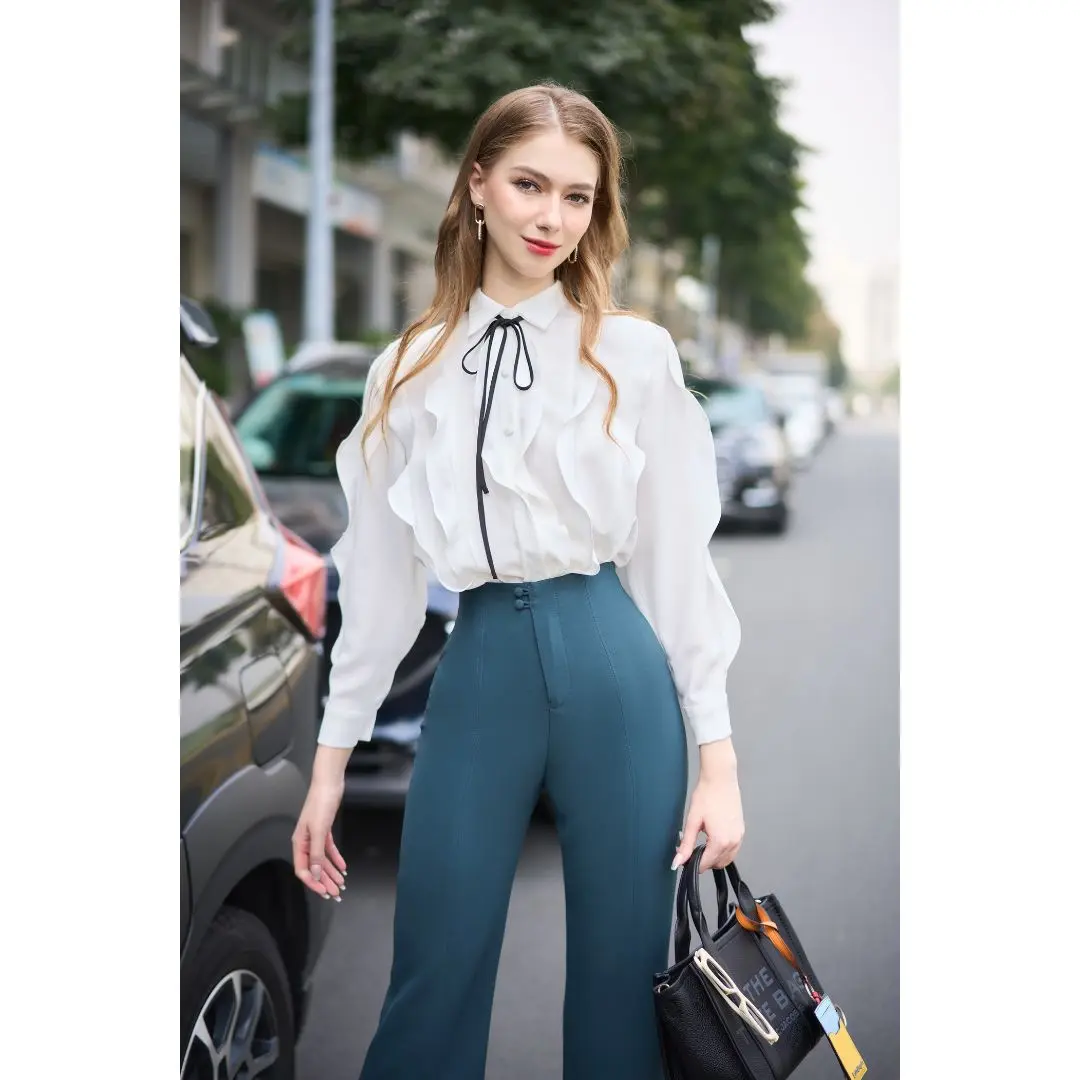 Áo sơ mi nữ Vella Fashion công sở tay dài viền bèo VA23013 Top Women Shirt