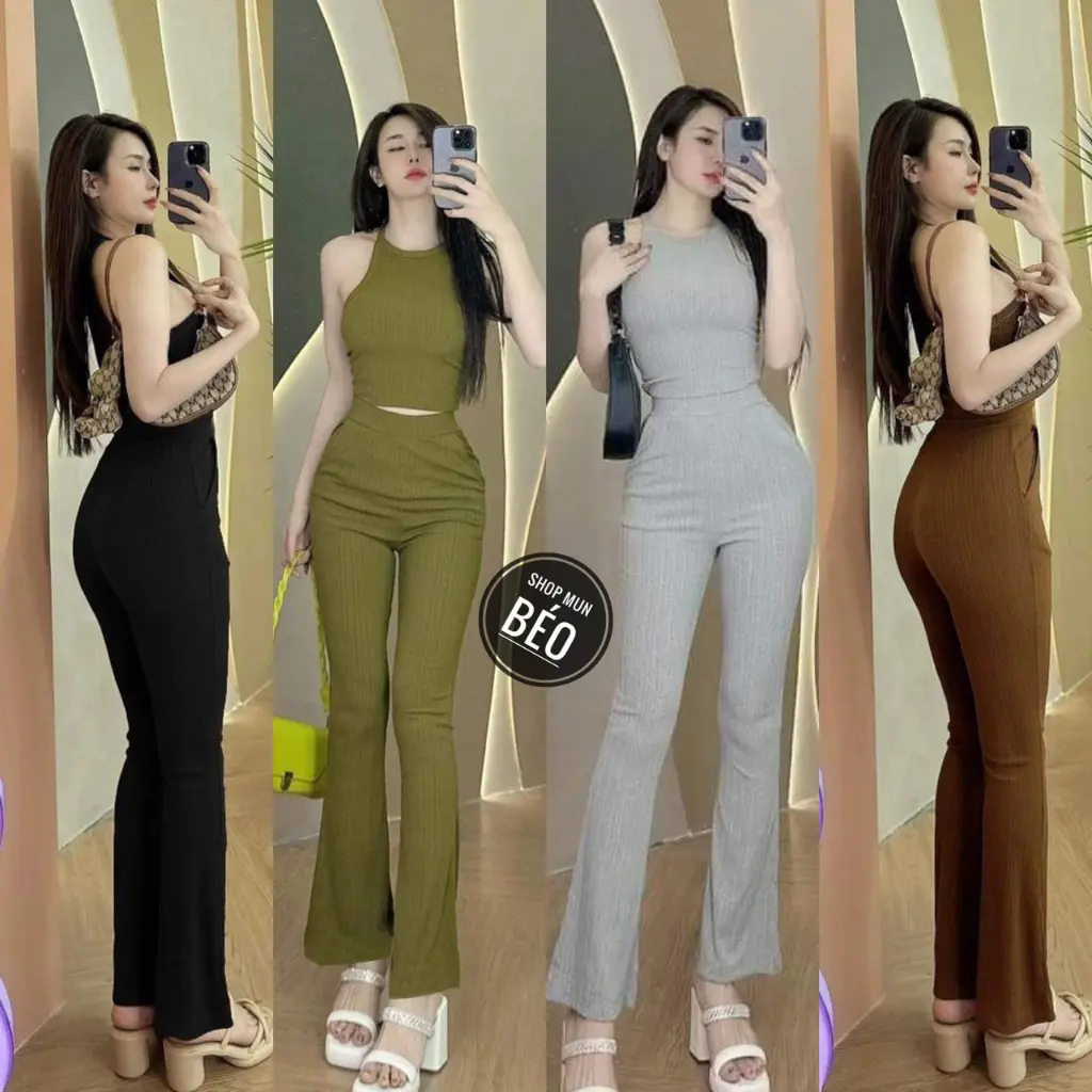 Set bộ áo sát nách kèm quần ống loe chất thun gân xương cá co giãn chính phẩm thích hợp mặc đi tiệc đi làm đi chơi
