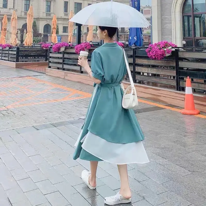 Đầm sơ mi xanh túi hộp phối trắng 2 màu, váy dạo phố 6