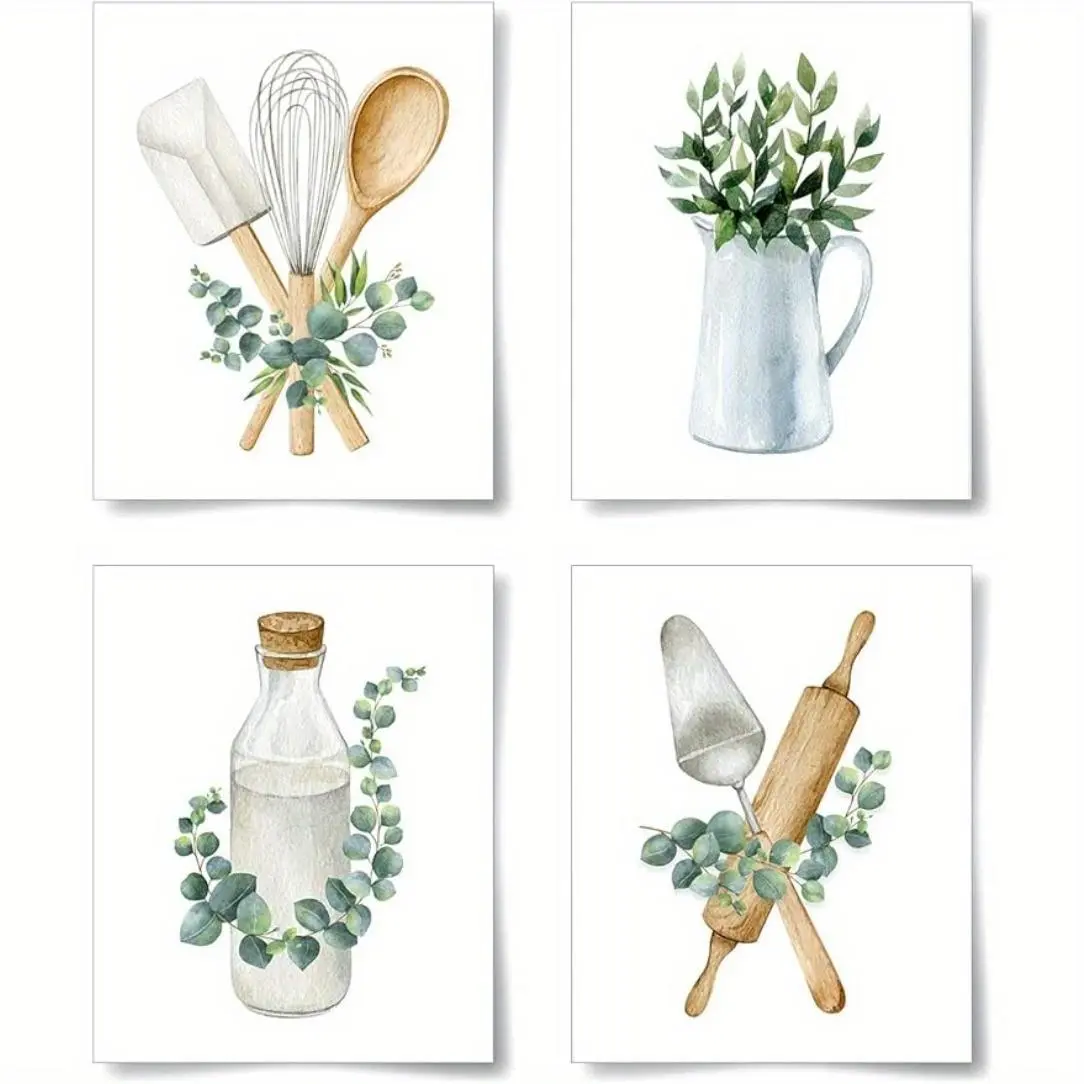 Kitchen Themed Greeting Card, 4 Counts/set Watercolor Botanical Pattern Wall Art without Frame, Wall Decor for Home Living Room Bedroom Dining Room