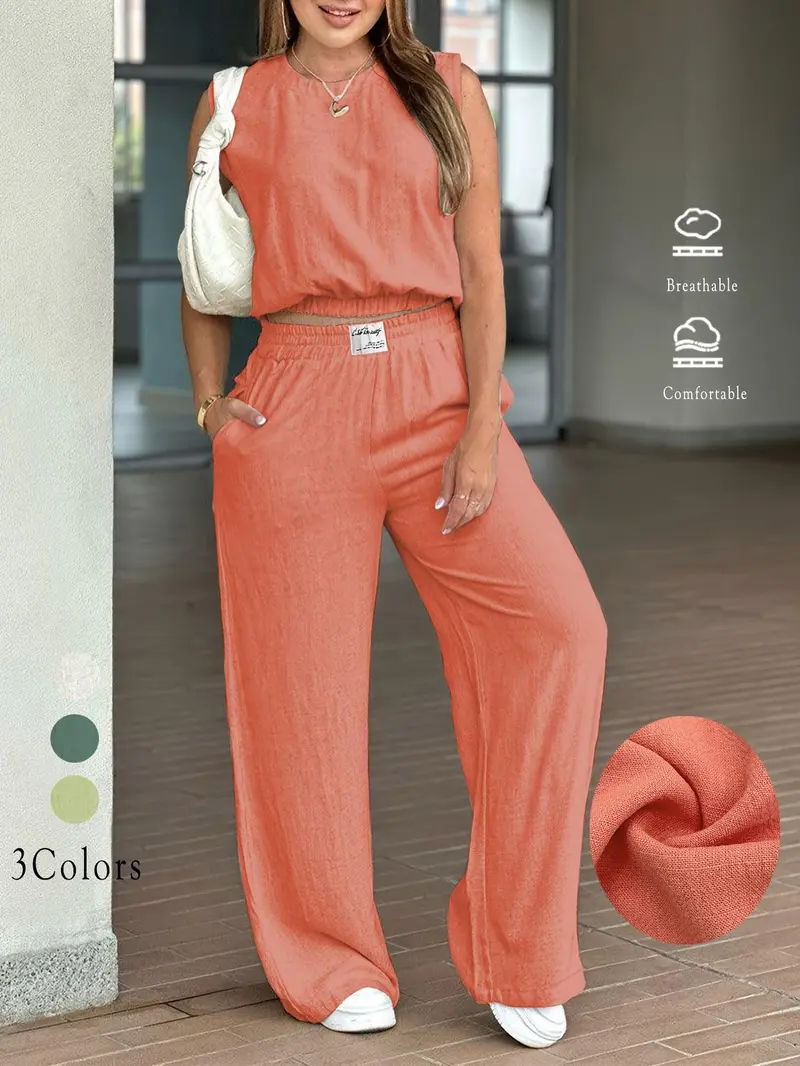 Product Introduction of Women's Solid Color Tank Top & Wide Leg Pants Set, Casual Fashion Cozy Breathable Two-piece Set  for Daily Outdoor Wear, Ladies Clothes for Summer, Suits, Womenswear, Trouser 5