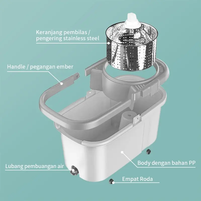 Hoptech - Set Alat Pel Lantai Stainless 360 | Ember Spin 2in1 dengan Hand Pressure & Pembuang Air 8