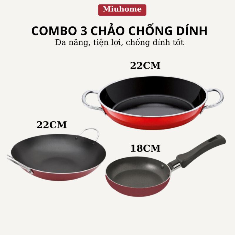 Combo 3 chảo chống dính hợp kim nhôm cao cấp dùng cho bếp từ, gas, củi, hồng…