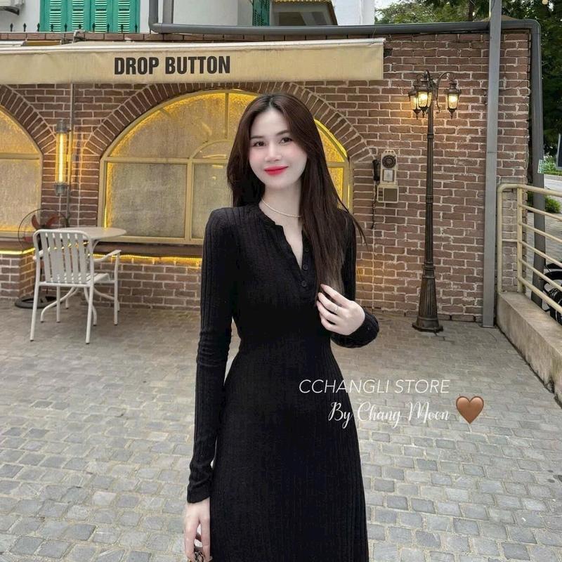 Đầm thun gân đũa tay dài đính nút đủ màu 5