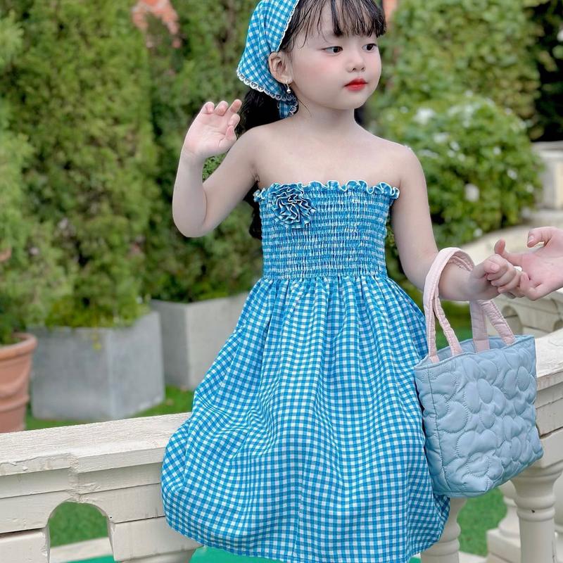 Váy maxi thun smock có cài áo hoa, kèm khăn 0