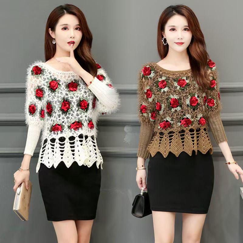 Áo Len Dệt Kim Đan, Tay Áo 3 / 4, Bộ Sưu Tập Mùa Xuân Và Mùa Thu, Hàng Mới Về, Cạp Cao, Jacquard Thời Trang, Cổ Tròn, Kiểu Ngắn, Dáng Rộng Vừa Vặn, Áo Tay Cánh Dơi, Dành Cho Nữ 1
