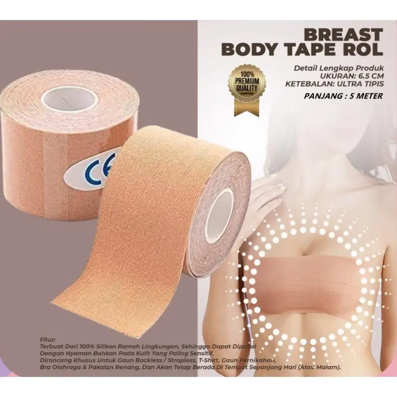 (VIORA) Boob Tape | Breast Tape | Penutup Payudara | Body Tape Roll Solatip  Pengangkat Payudara Bra Bh Tempel Nipple Cover 5m x 5cm | Elastis  | Instan  | Invisible S682 0