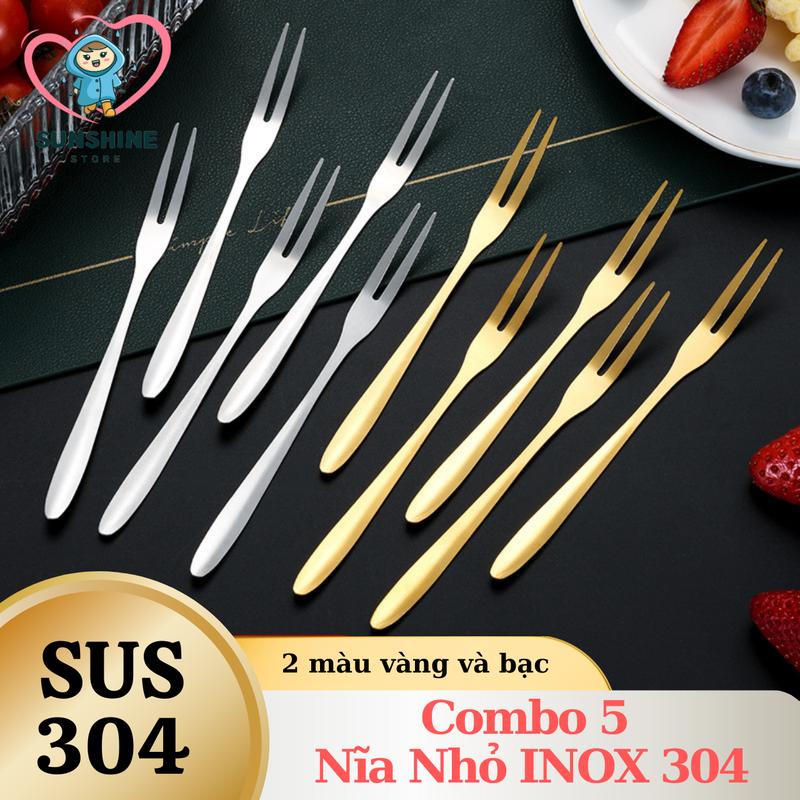 Combo 5 Chiếc Nĩa INOX 304 Size 13cm Dùng Ăn Trái Cây Bánh Mứt, Ăn Ốc, 2 màu trắng và vàng