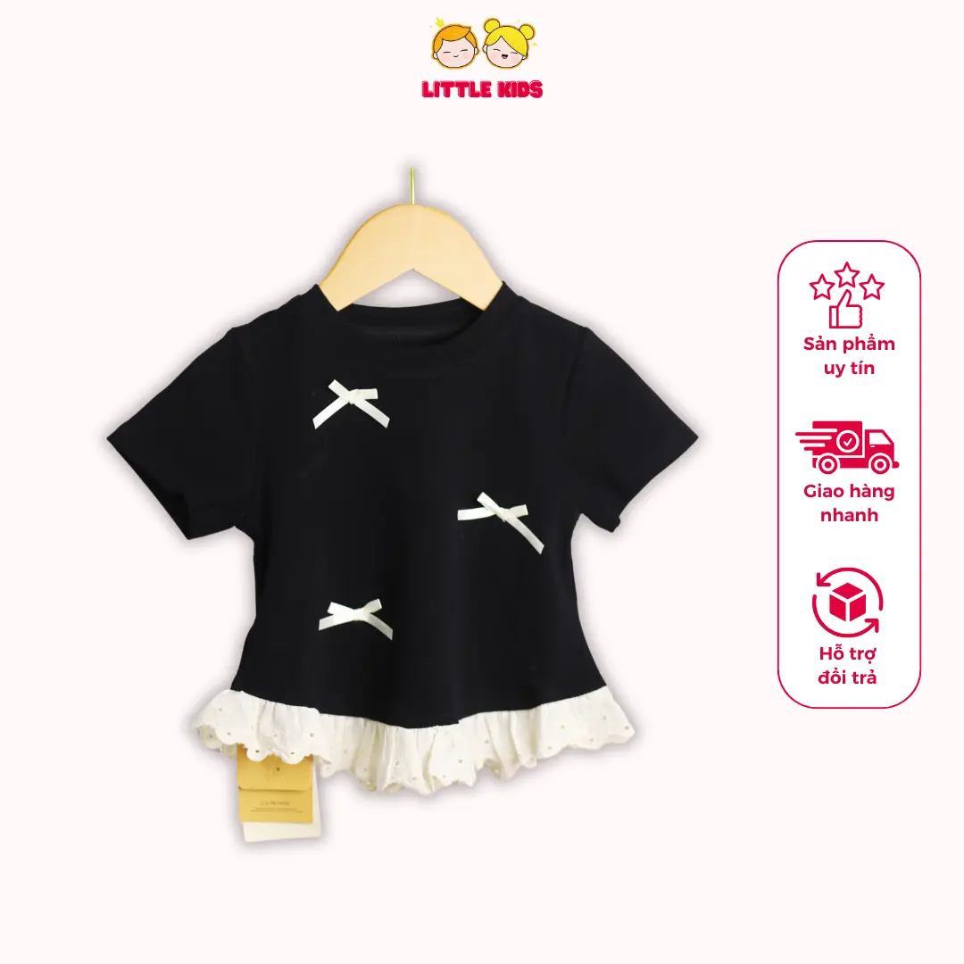 [ Little Kids ] Áo thun màu đen bé gái họa tiết chữ phối ren nơ trắng từ 11 - 23kg