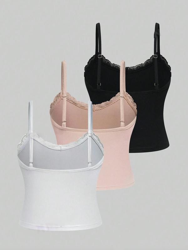 Women's Plain Lace Trim Backless Cami Top, Casual Adjustable Spaghetti Strap Scoop Neck Top, Ladies Summer Clothes for Daily Wear 1