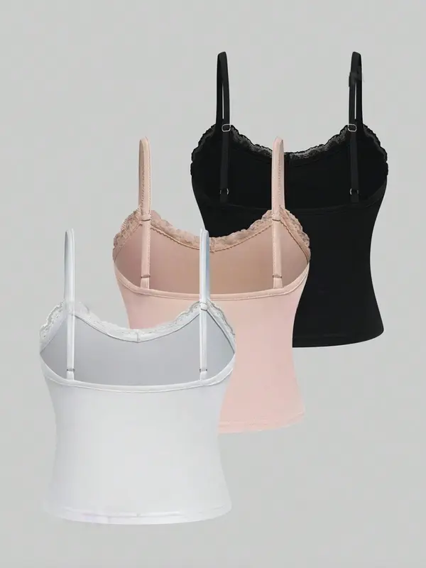 Women's Plain Lace Trim Backless Cami Top, Casual Adjustable Spaghetti Strap Scoop Neck Top, Ladies Summer Clothes for Daily Wear 1