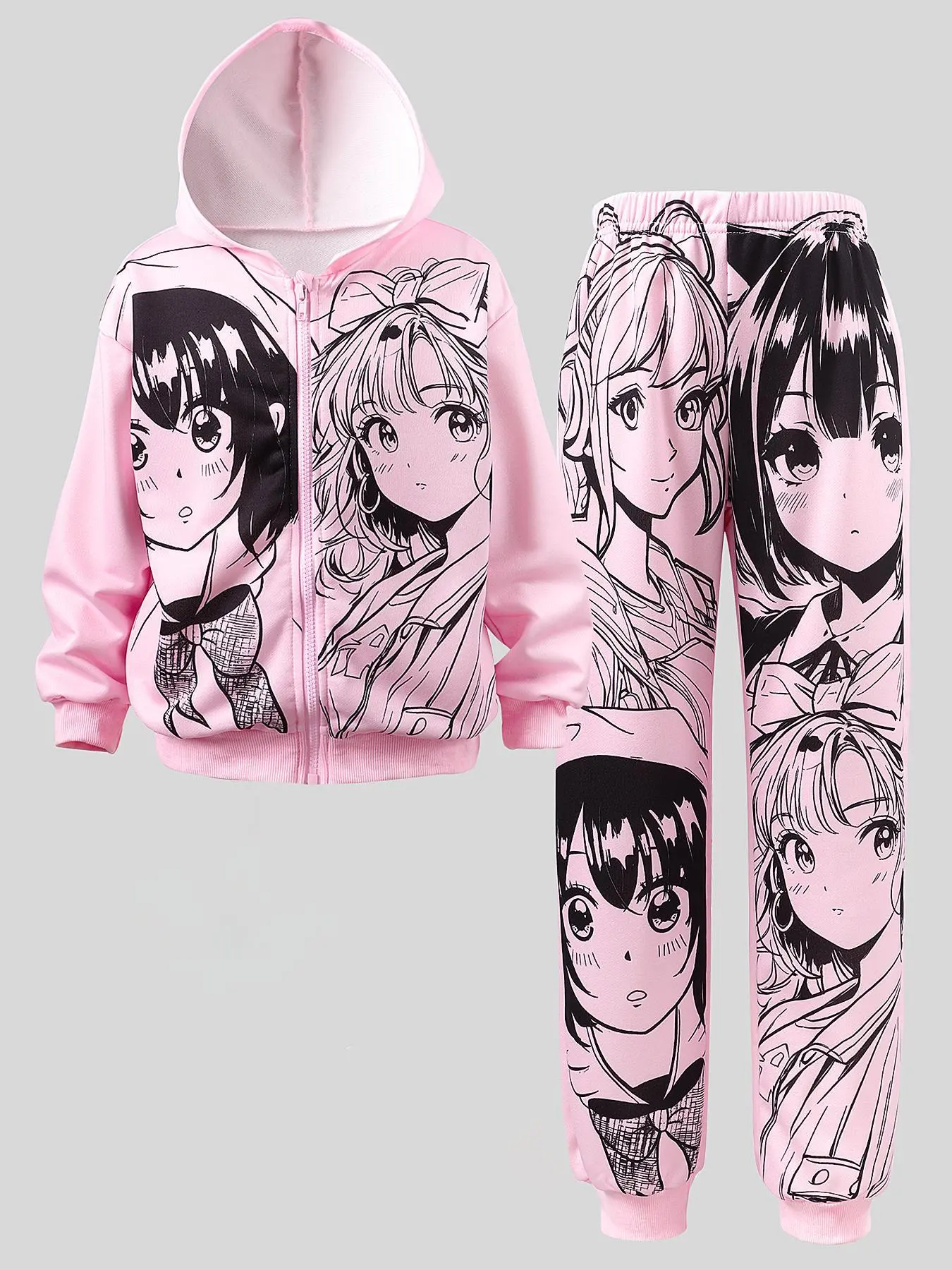 Two-piece Set Girl's Cartoon Figure Print Zip Up Hoodie & Elastic Waist Sweatpants Set, Casual Fashion Drop Shoulder Long Sleeve Hooded Sweatshirt & Jogger Pants for Daily Wear, Clean Girl Outfit, Kids Fall & Winter Clothes