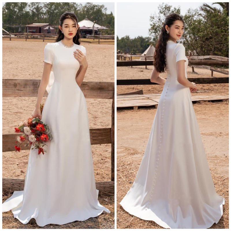 Váy cưới cô dâu đi bàn tiểu thư nơ lưng cổ kết đá nhẹ nhàng Michan