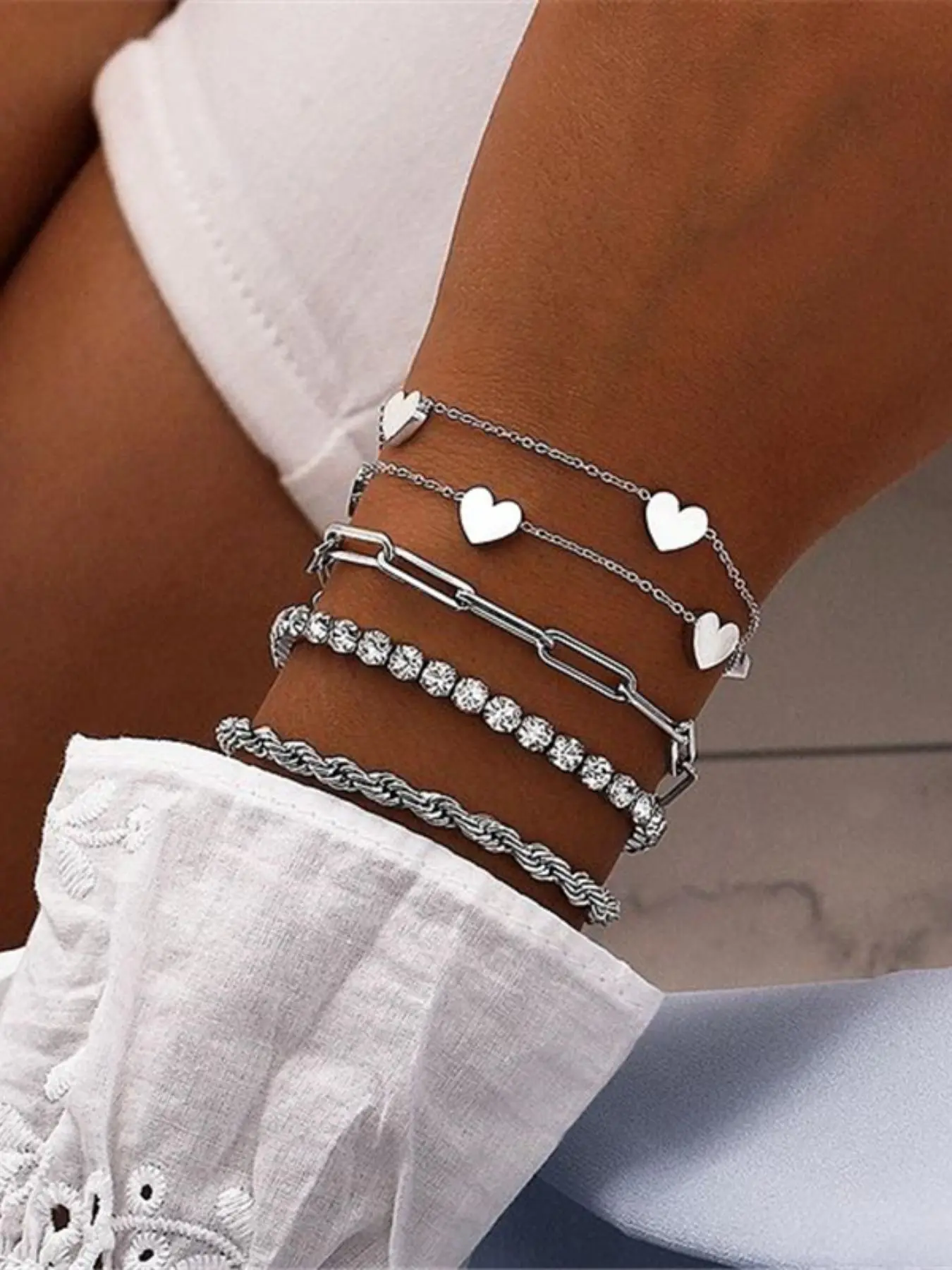 Rhinestone Decorated Heart Design Bracelet Set, Fashionable Jewelry for Women & Girls, Trendy All-match & Exquisite Jewelry for Birthday Gift, Valentine's Day, Gift
