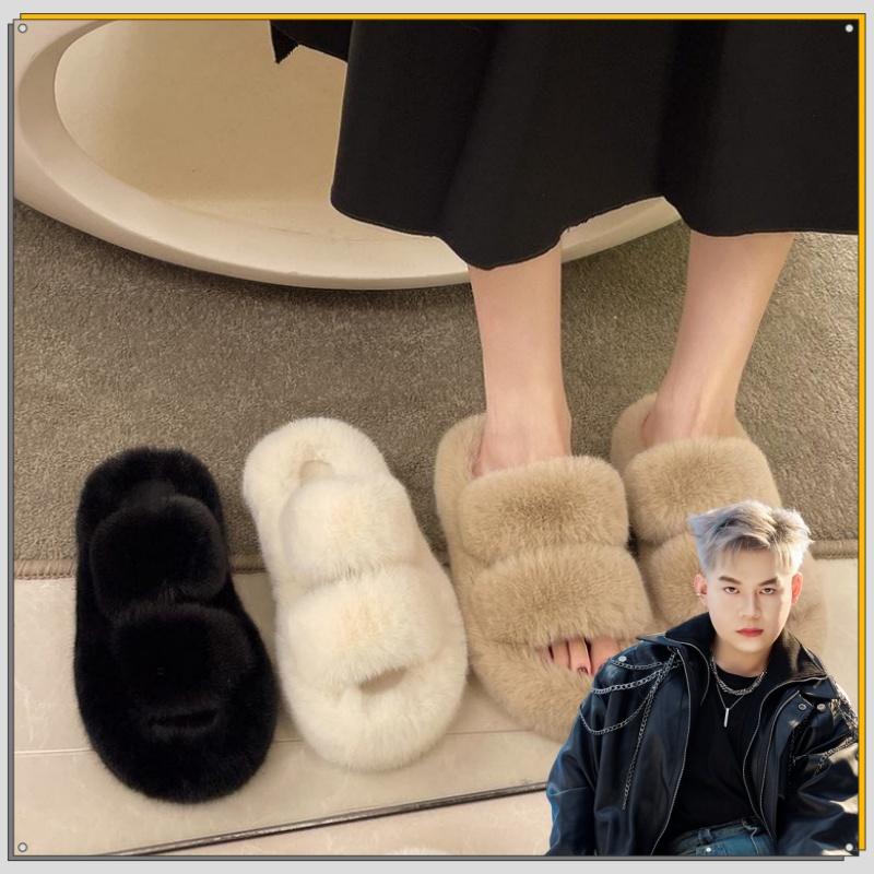 dép lông bông đi trong nhà mùa đông quai ngang đế cao nữ gót cao 4cm Cao Su Slipper Nhung Có Quai