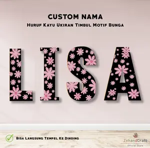 Zehandcraft - Pajangan Dinding Huruf Kayu Ukiran Motif Bunga Warna Blackpink