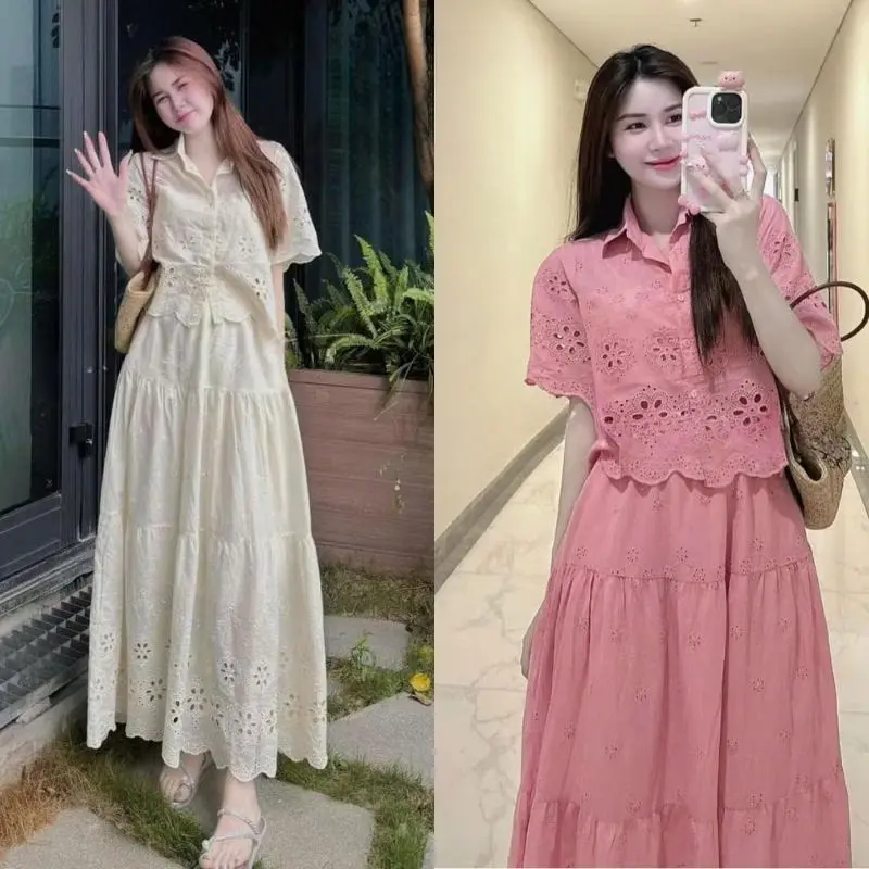 Set Đầm Ren Lỗ Áo Cổ Bẻ Gài Nút Tay Ngắn Kèm Chân Váy Dài Maxi Nhiều Tầng Thanh Lịch Hot