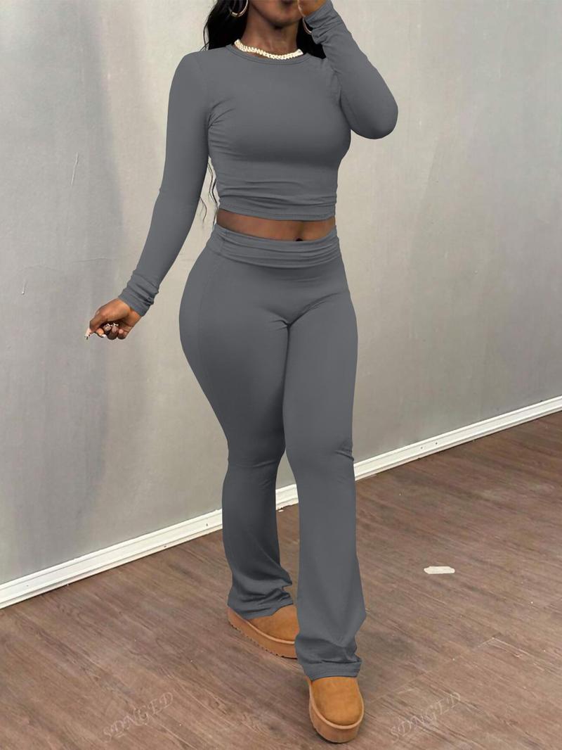 Product Introduction of Women's Solid Color Ruched Tee & Flare Leg Pants Set, Casual Long Sleeve Round Neck Top & Bell Bottom Trousers Two Piece Set for Fall & Winter, Women's Clothes for Daily Wear， Rave 2 Piece Set 5