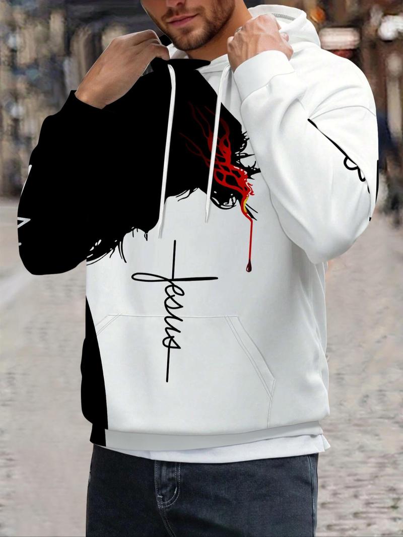 Product Introduction of Men's Regular Fit Knight & Skeleton Print Drawstring Hoodie, Casual Graphic Pocket Hoodie for Fall & Winter, Men's Top for Daily Wear 2