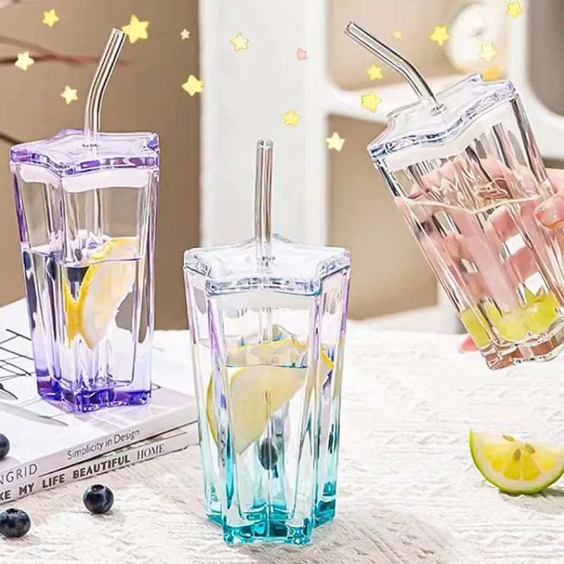 Cốc, Ưa Nhìn, Có Ống Hút, Hình Ngôi Sao Năm Cánh, Cốc Thủy Tinh, Cốc Gradient Màu, Cốc Uống Nước Lạnh, Cốc Cà Phê, Có Nắp, Thích Hợp Để Uống Nước