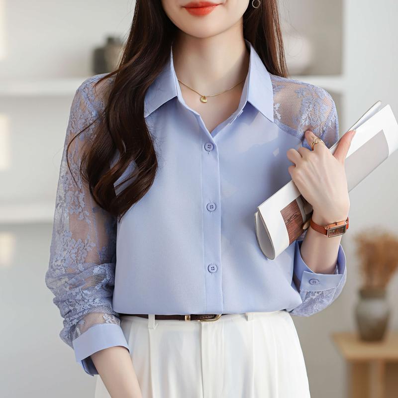 Product Introduction of Áo Cánh Voan Ren Ve Áo, Dòng Màu Xanh Dương, Dành Cho Nữ, Áo Cardigan Dài Tay, Ngoại Cỡ, Không Cần Ủi 12