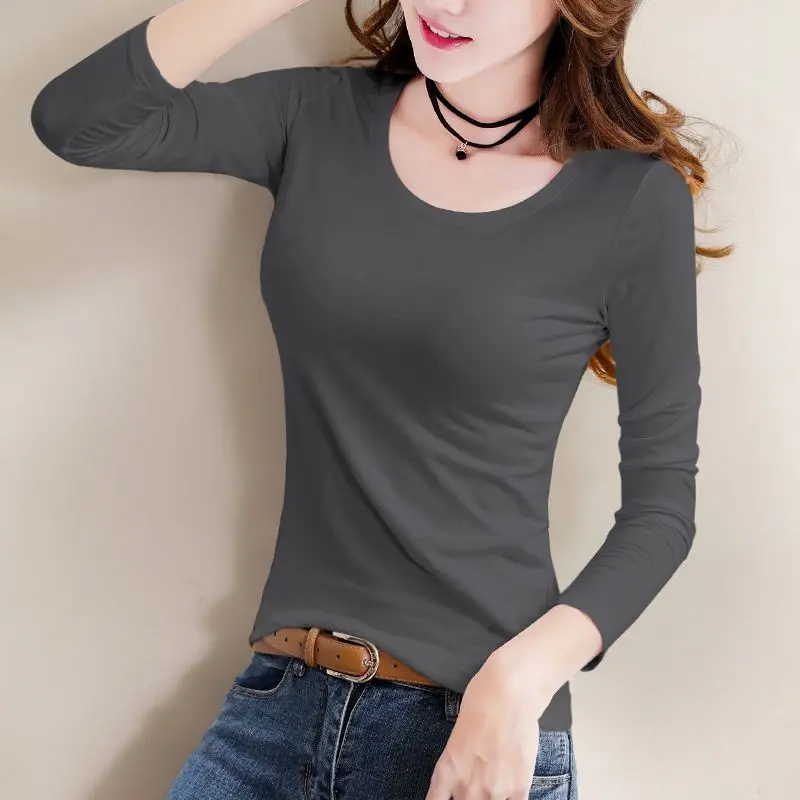 Áo Lớp Cơ Sở Cổ Thấp Ôm Sát Cotton Nguyên Chất, Dành Cho Nữ, Thích Hợp Cho Mùa Xuân, Mùa Thu Và Mùa Đông, Màu Xám Khói, Mỏng, Phù Hợp Bên Trong, Áo Phông Dài Tay, Phong Cách Gợi Cảm, Hàng Mới Về 2022, Phong Cách 2024 Women Voi Top Sơ Mi Shirt Cổ Tròn