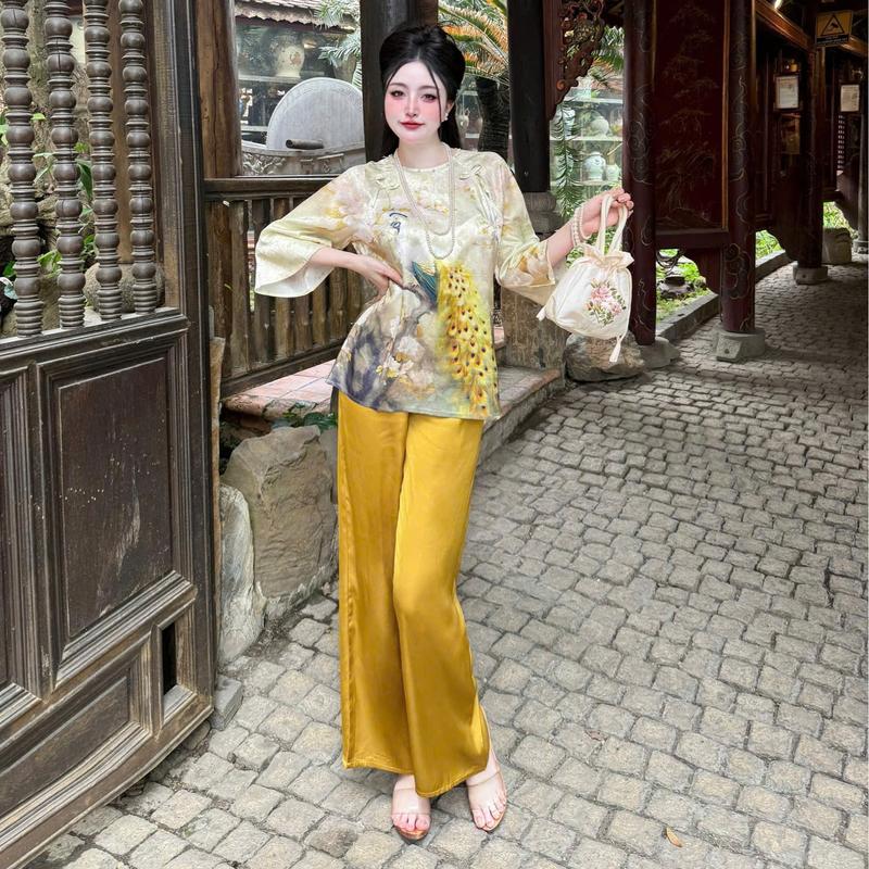 Bộ Đồ Lam Dành Cho Nữ Hoạ Tiết In 3D Chất Liệu Vải Gấm Quần Lụa Latin Nhẹ Mát S1003