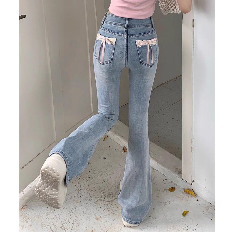 Product Introduction of Quần Dài Jean Mỏng, Dành Cho Phụ Nữ, Phong Cách Cô Gái Nóng Bỏng, Thắt Nơ Và Khâu, Cạp Cao Nhỏ Quần Cánh Bướm Thẳng, 145 Cỡ Women Pants 13