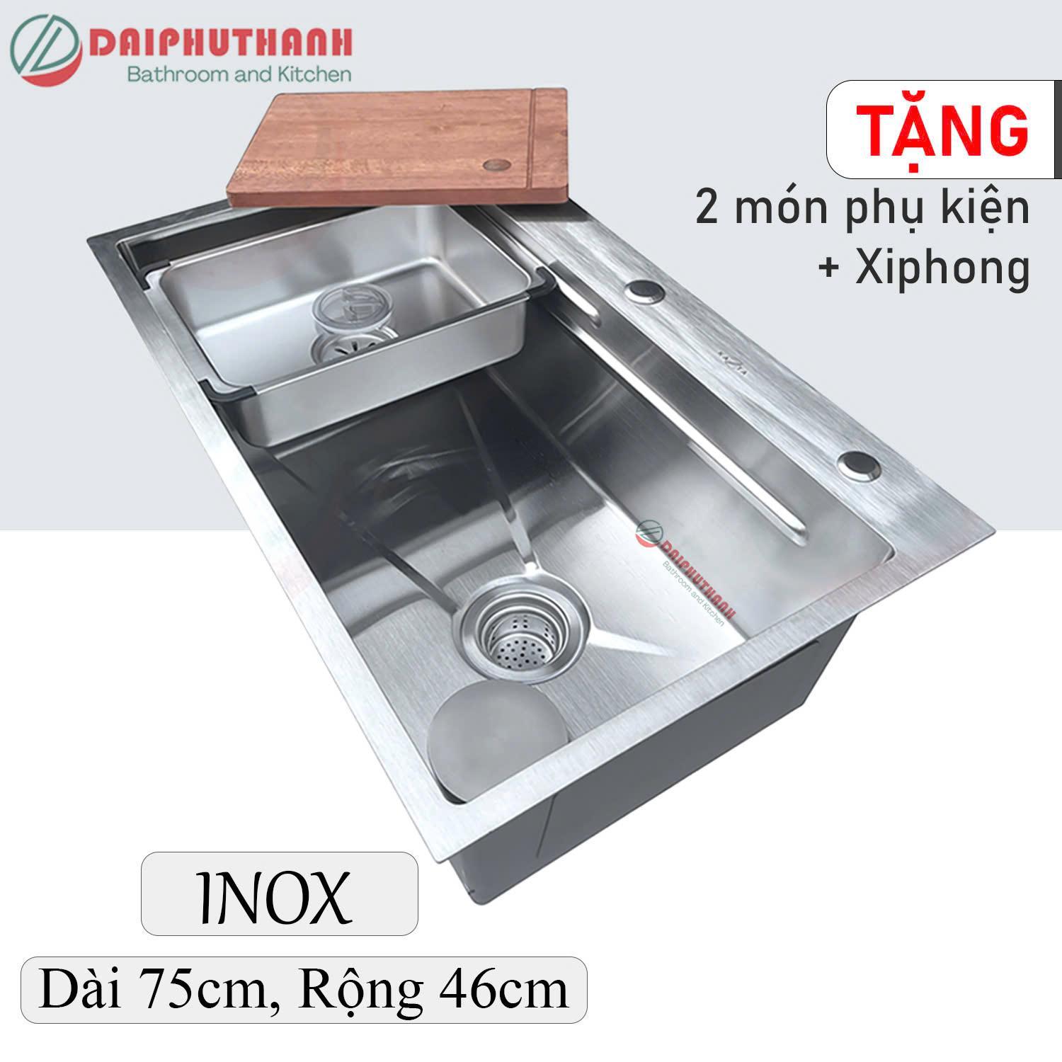 Chậu Rửa Chén Bát Inox 1 Hộc 75x46cm Nhiều Màu Inox Xước Xám Đen - Tặng 2 món phụ kiện thớt, khay, đầy đủ xi phông