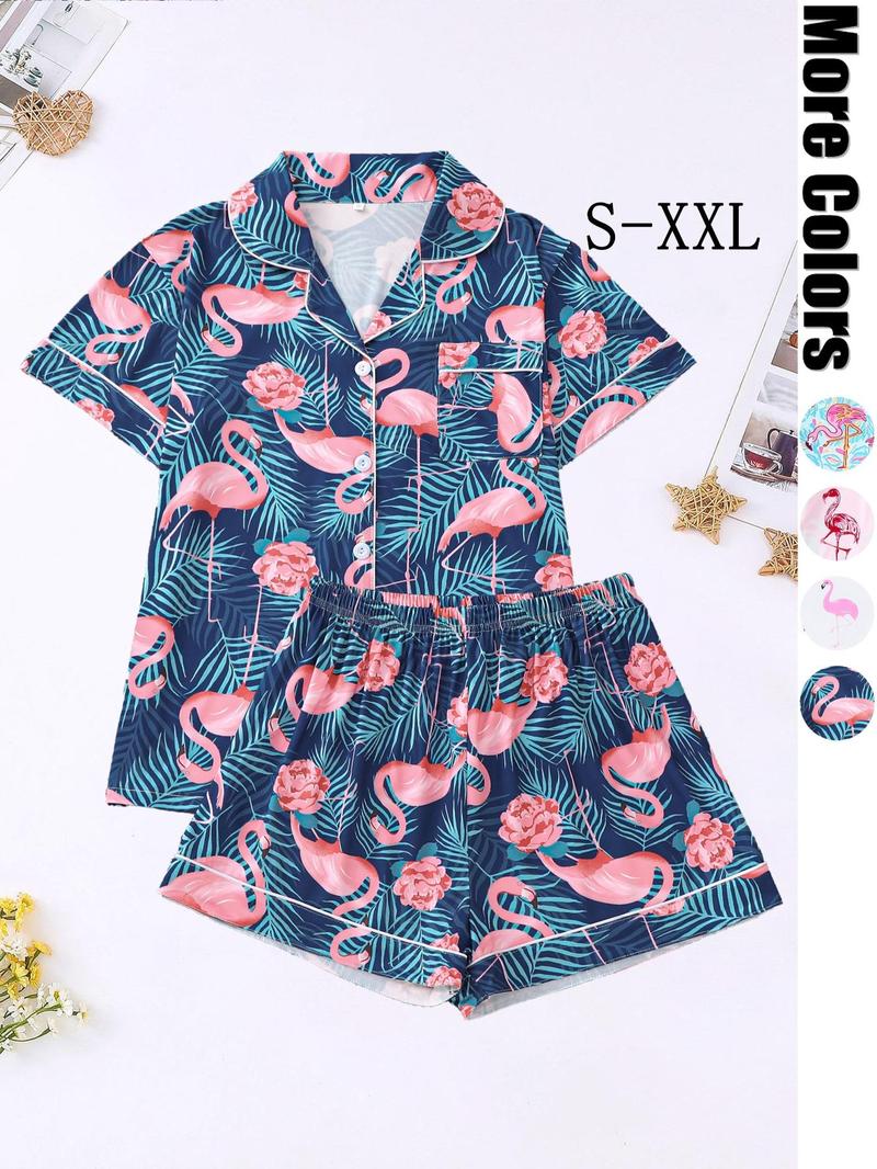 Product Introduction of Two-piece Set Women's All Over Flamingo Print Short Sleeve  Pajama Set, Casual Comfy Lapel Neck Button Front Top & Elastic Waist Shorts Pj Set, Ladies Sleepwear for All Seasons 3