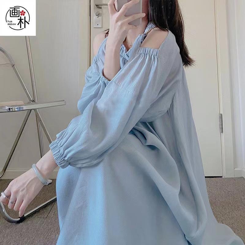 Váy Màu Xanh Mùa Thu, Tay bồng, Thiết Kế Vai Trần Dài Tay, Dáng Rộng Và Thoải Mái, Thích Hợp Làm Quà Sinh Nhật Hoặc Quà Tặng VALENTINE, Qiqi Girl 2