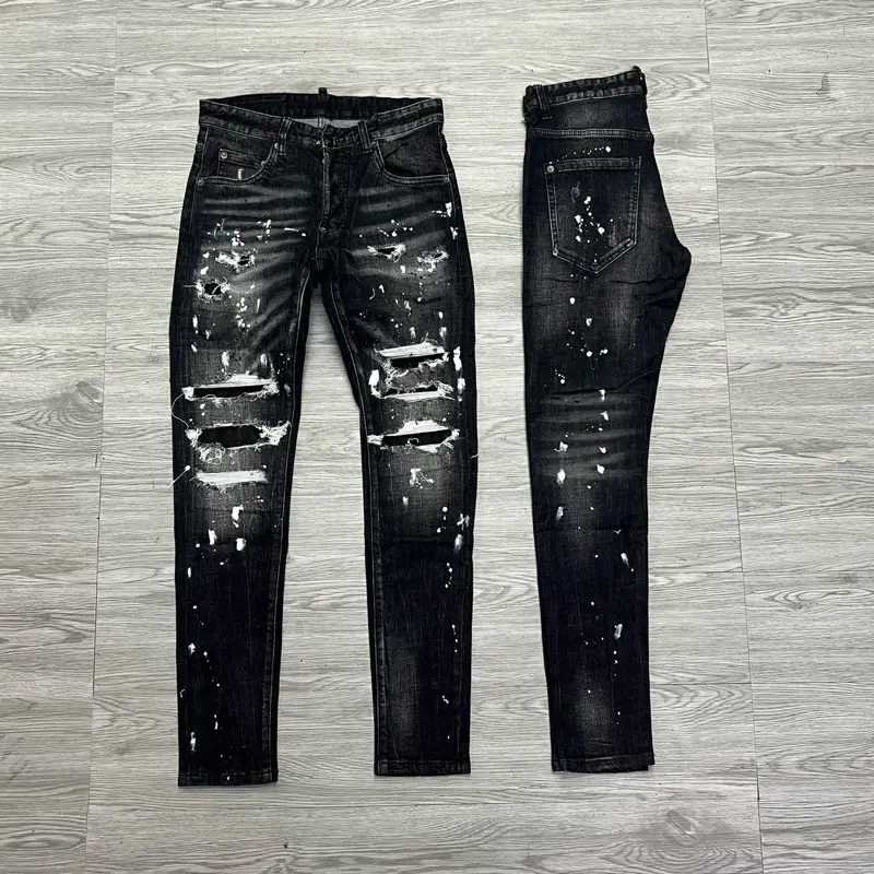 QUẦN JEAN NAM MÃ D2-42 ĐEN XÁM RÁCH VẨY SƠN CÓ VÁ 4 CÚC , BÒ DÀI CAO CẤP , CO DÃN , PHOM ÔM CHÂN D-S-Q ,  Có Túi