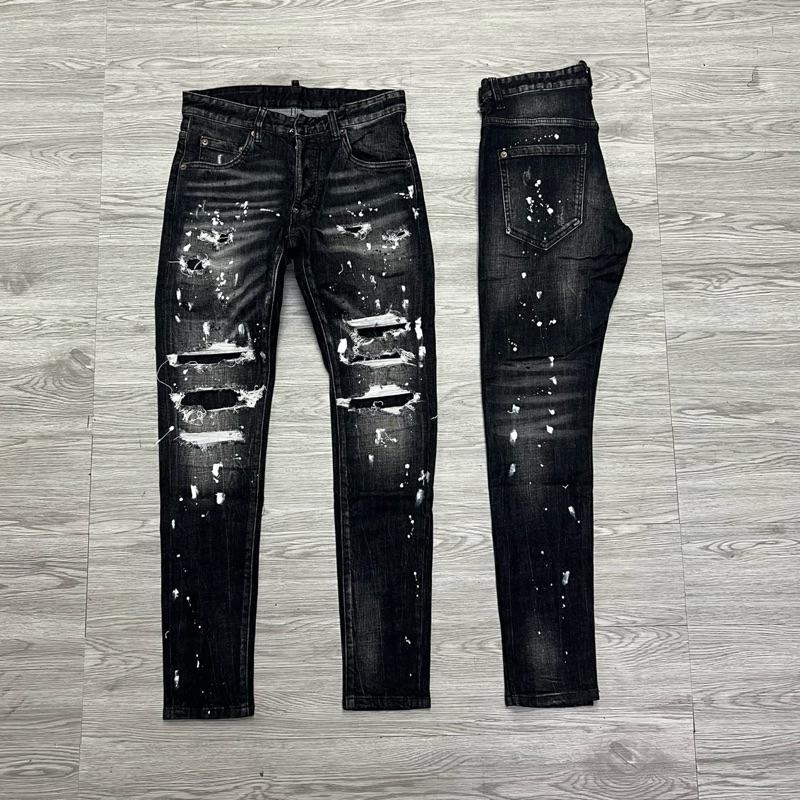 QUẦN JEAN NAM MÃ D2-42 ĐEN XÁM RÁCH VẨY SƠN CÓ VÁ 4 CÚC , BÒ DÀI CAO CẤP , CO DÃN , PHOM ÔM CHÂN DS-Q ,  Có Túi