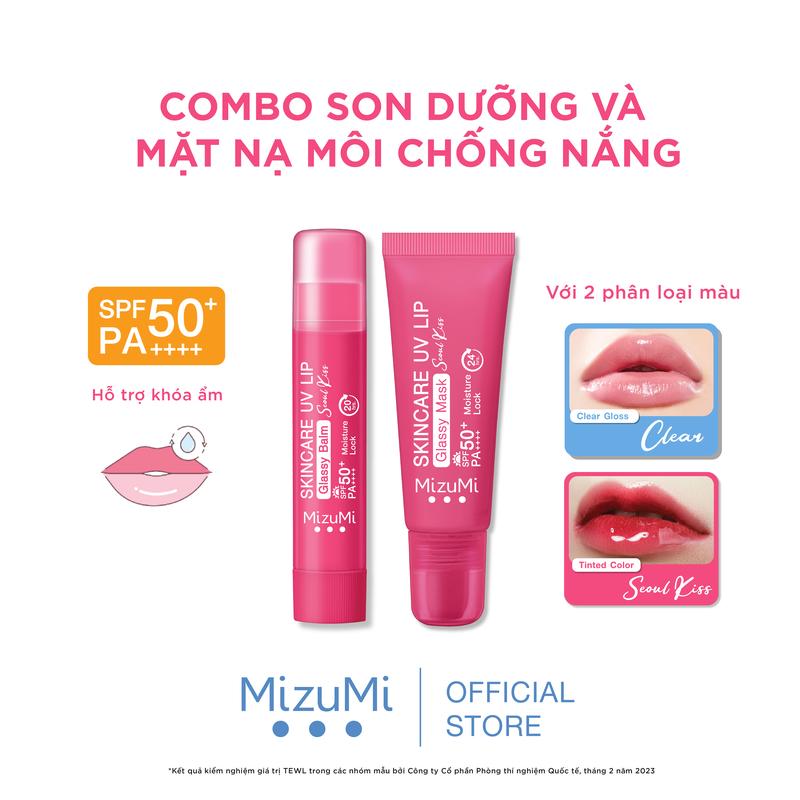 Bộ Đôi Son Dưỡng Môi và Mặt Nạ Môi Chống Nắng MizuMi Skincare UV Lip Glassy Balm 3.5g & Glassy Mask 8ml