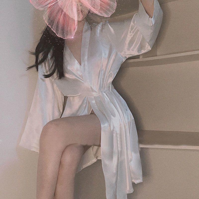 Product Introduction of Bathrobe Women's Summer Thin Ice Silk Robe New Style White Silk Fashion Pajamas Japanese Kimono Spring and Autumn Womenswear Gowns 7