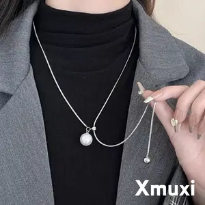 [Xmuxi] Kalung Mutiara Warna Perak Desain Panjang Dapat Disesuaikan Dengan Tarik Desain Sederhana X166