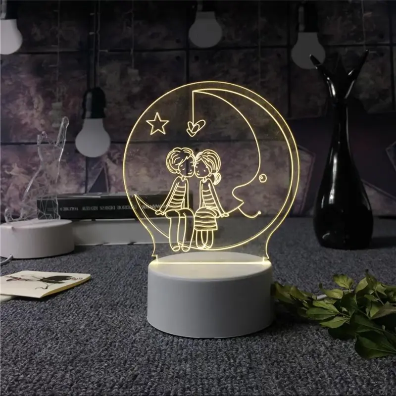 Pplus  Bentuk Hati Lampu Akrilik 3D Malam  Led/（ hangat）Warna Keren Lampu Kamar Aesthetic / Steker + sakelar lampu tidur aesthetic / hadiah lampu malam berubah warna / hadiah ulang tahun / hadiah pernikahan/promo elektronik termurah Kuning 4