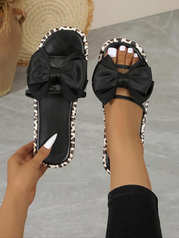 Women's Fashionable Leopard Print Bowknot Design Slides, Summer Sandals, Casual Comfortable Platform Slippers for Summer, Female All-match Round Toe Slippers for Daily Wear, Sandals Heels Walking Shoes 8