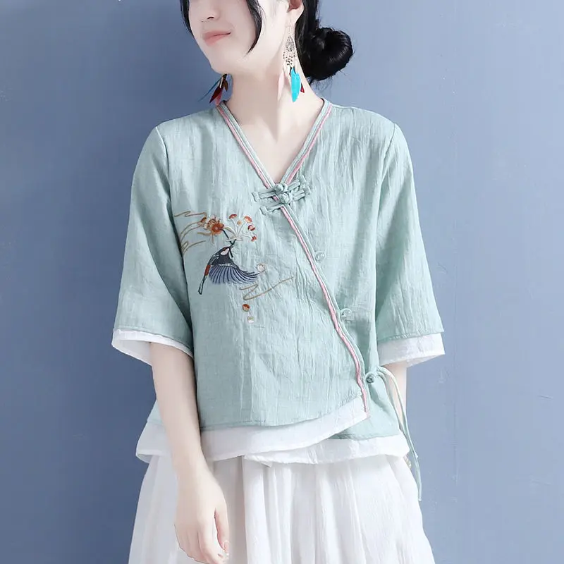 Áo Sơ Mi Cotton Và Vải Lanh Cho Nữ, Quần Áo Mùa Hè 2022, Thêu Hoa Chim Bay, Cổ Chữ V, Khóa Ngọc Trai Xiên, Tay Lửng, Phong Cách Trung Quốc, Cổ Điển, Trà Trung Quốc, Áo Sơ Mi Nhỏ, Top