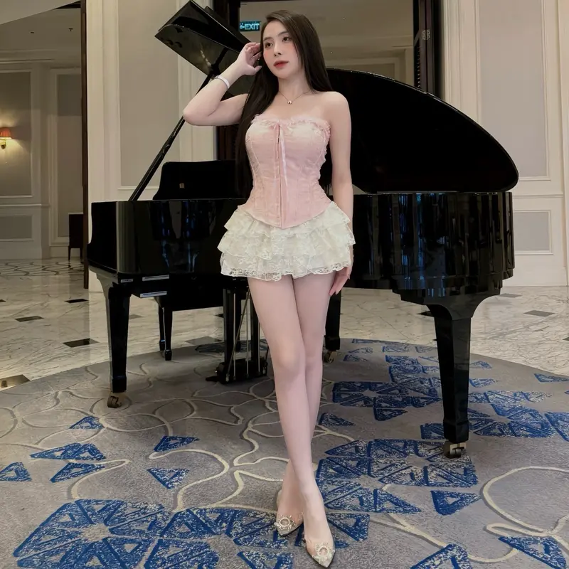 Sét áo CORSET CÚP NGỰC Khuy cài XƯƠNG CÁ+chân váy REN 4 TẦNG tiểu thư sang chảnh ĐI CHƠI ĐI TIỆC(có gọg) 4