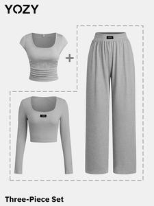 YOZY Letter Patched Crop Tee & Elastic Waist Pants & Cap Sleeve T-Shirt Set, Women's Daily Wear for Spring & Summer