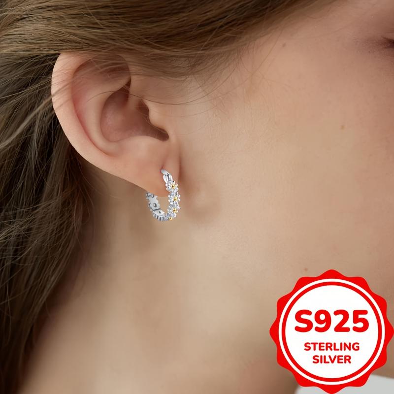 [Silver | Cute] 925 Sterling Silver | Cute Daisy Huggie Hoop Earrings For Girls Women | For Daily Jewelry Birthday Christmas Gifts (2.6g) 5